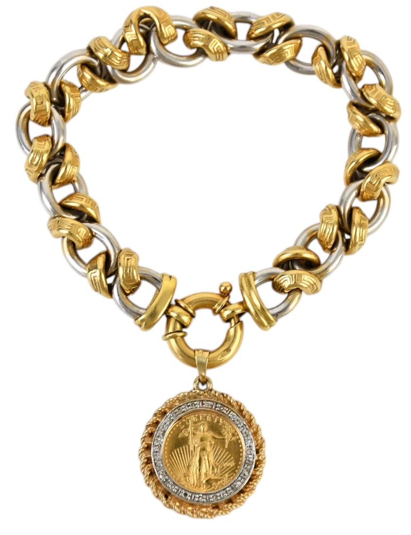 14K Yellow & White Gold Link Bracelet with Gold Coin Charm. Coin 2001 5 dollar US gold coin. (1 of 4)