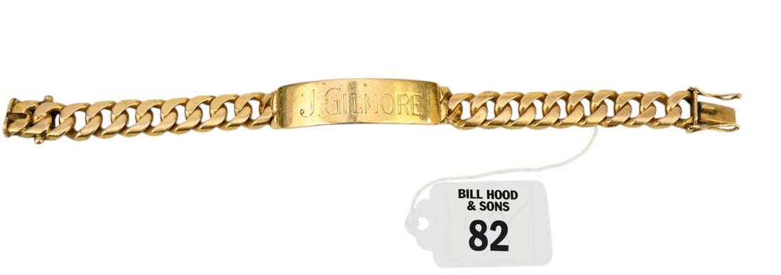 18K Yellow Gold ID Men's Bracelet. " J. Gilmore" Wt. 97.7 grams 8.5": 18K Yellow Gold ID Men's Bracelet. " J. Gilmore" Wt. 97.7 grams 8.5"
