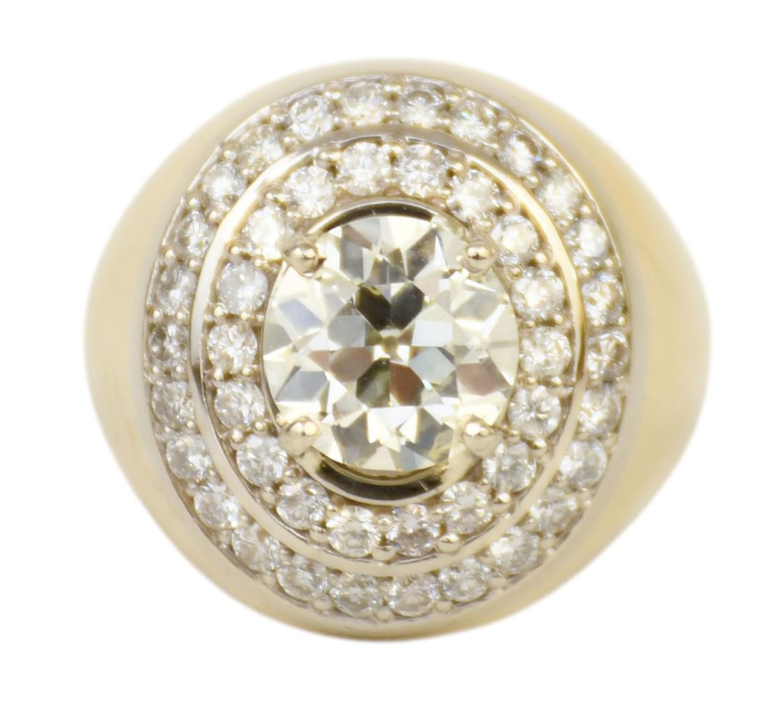 14K Yellow Gold Diamond Halo Ring. Center Diamond approx. 3cts SI1-2 J. Size 11, wt 17.3 grams (1 of 7)