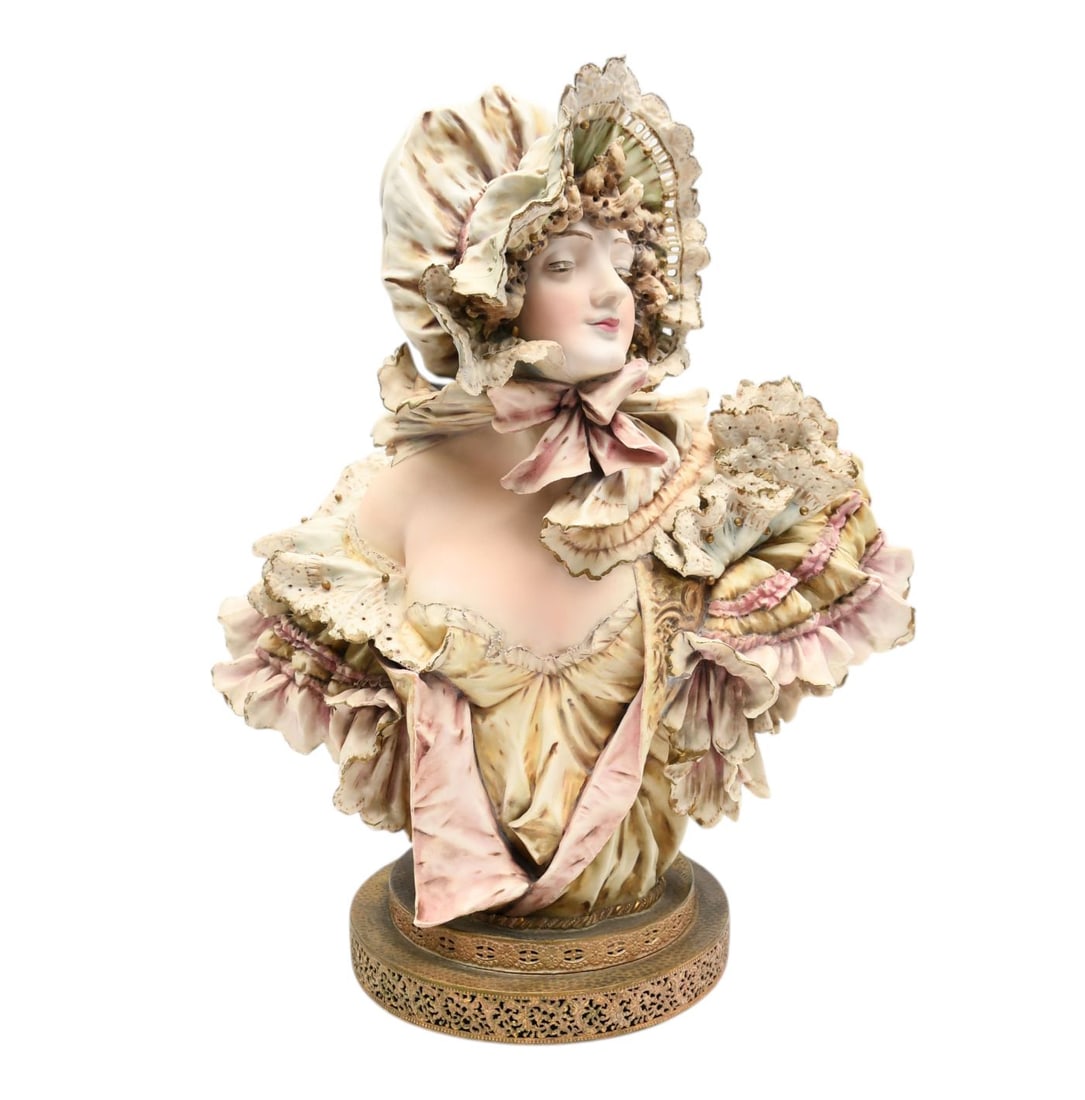 Austrian Porcelain Female Bust, Signed Eduard Stellmacher, Pierced Brass Stepped Base (Needs (1 of 5)