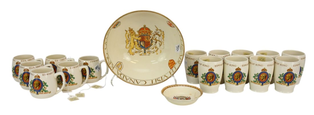 15 Coronation Cups/Mugs Sold At Christie's, Mostly Edward VIII Coronation 1937 And 2 Misc. Pieces,: 15 Coronation Cups/Mugs Sold At Christie's, Mostly Edward VIII Coronation 1937 And 2 Misc. Pieces, Bowl & Dish, J & G Meakin England, "Official Design of the British Pottery Manafacturers Federation"