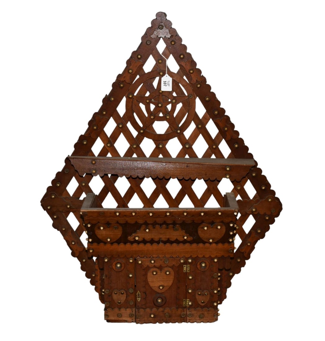 American 19th c. Lattice Style Hanging Planter/Shelf with Stars & Hearts, 41"h x 33"w x 9"d (1 of 5)
