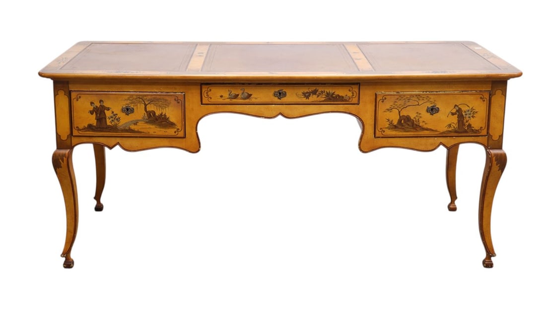 Baker Writing Desk with Chinoiserie Motif and Tooled Leather Surface, 30"h x 70"w x 31"d (1 of 9)