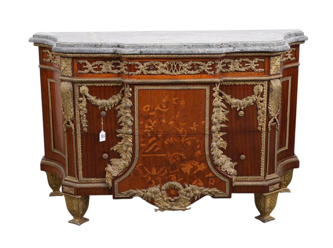 French Credenza, Marble Top Over Mahogany with Satin Wood Inlay, Ornate Gilded Bronze Accents, (1 of 7)