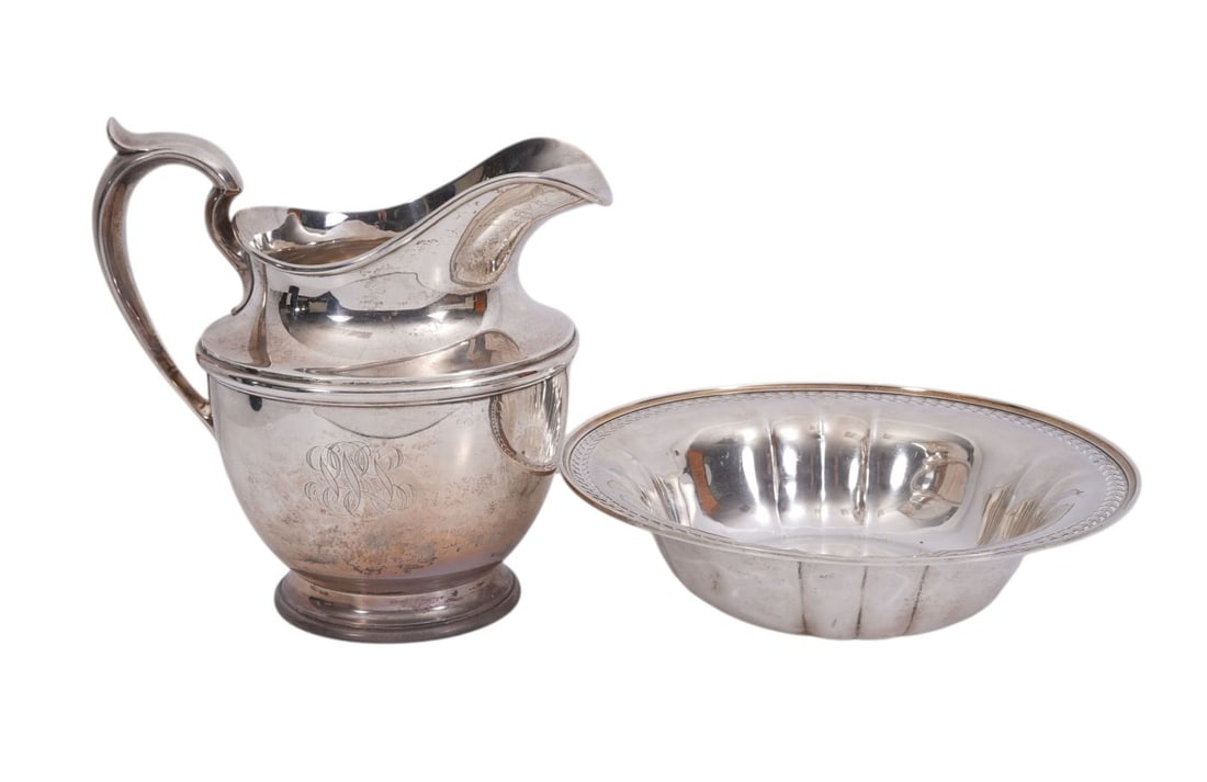 2pcs. Sterling Silver, Gorham Pitcher (8 1/2"h x 9"w) AND Bowl with Reticulated Rim, Both Have (1 of 8)