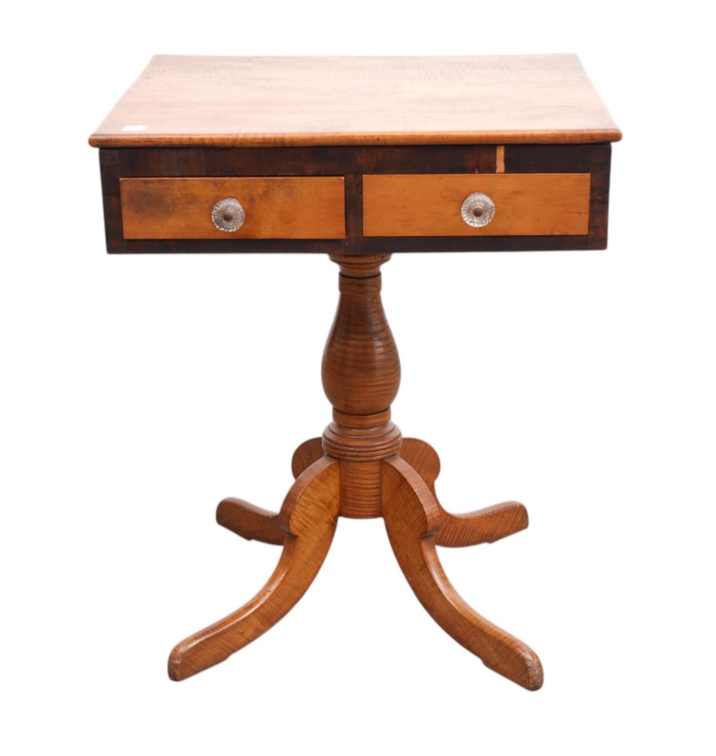 Maple & Cherry 2 Drawer Table, 19th c, Column Leading to 4 Downswept Legs, 28"h x 24"w x 19 1/2"d (1 of 8)