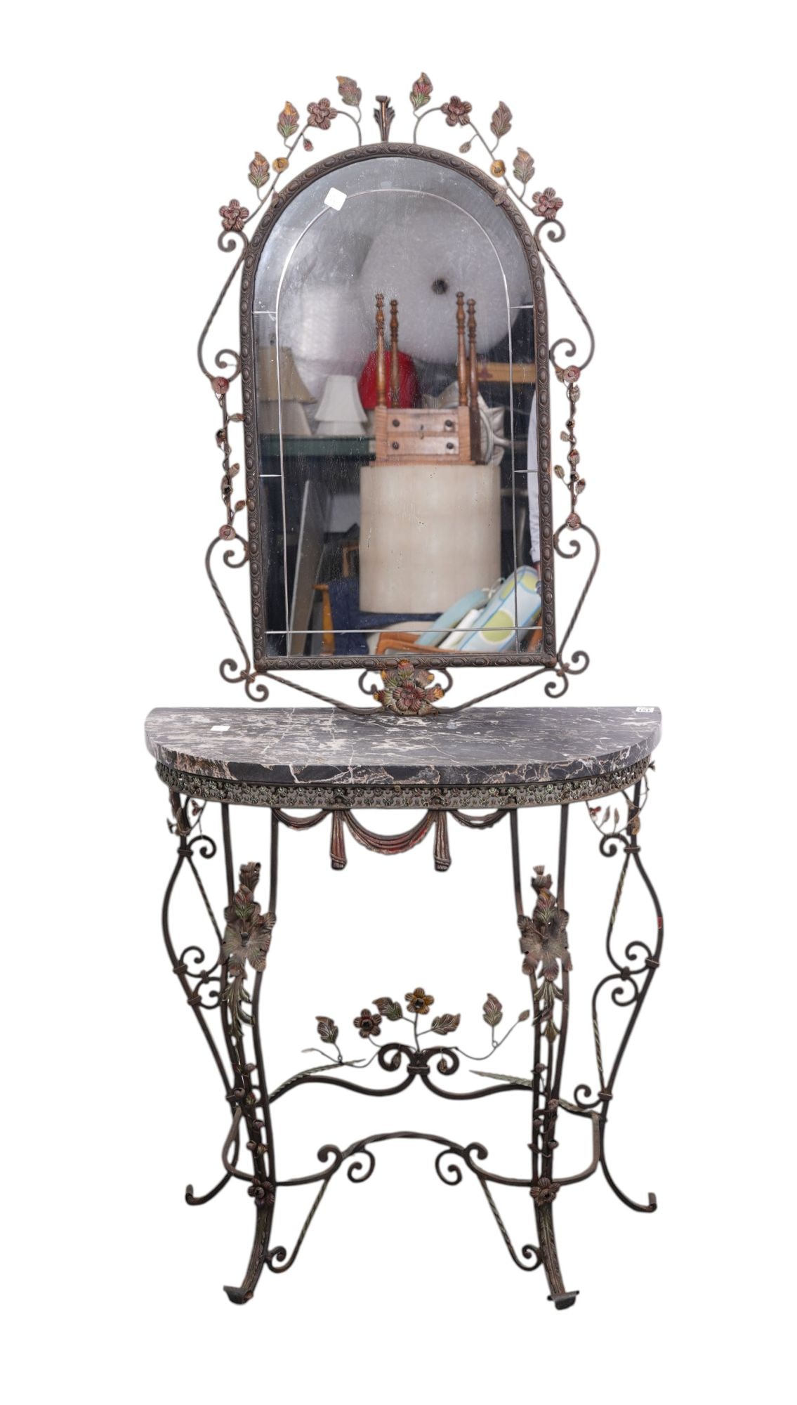 Fancy Antique Iron & Marble Top Console With Mirror, 32"h x 30 1/2"w x 12 1/2"d (1 of 7)