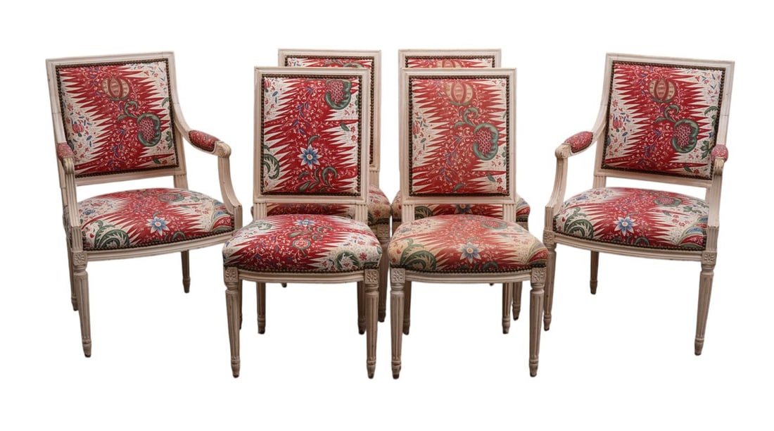 6 Dining Chairs Painted White with Silk Print Upholstery, 2 Armchairs, 4 Side Chairs (1 of 7)