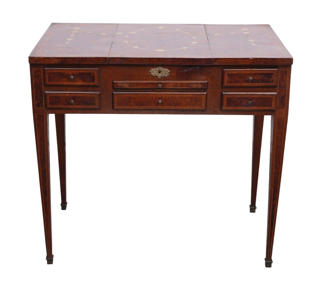 English Mahogany Ladies Vanity, 19th c, Mirror & Wells on Either Side Over Drawers & Slide Shelf (1 of 7)