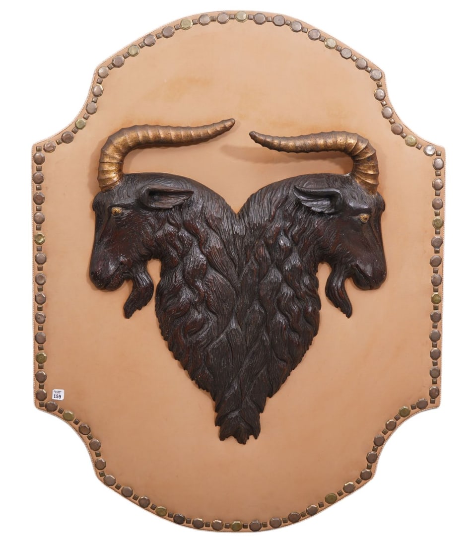 Large Late 19th c. Pub Sign of 2 Detailed Carved Goats Mounted on Fabric on Board, 52"H x 40"w: Large Late 19th c. Pub Sign of 2 Detailed Carved Goats Mounted on Fabric on Board, 52"H x 40"w