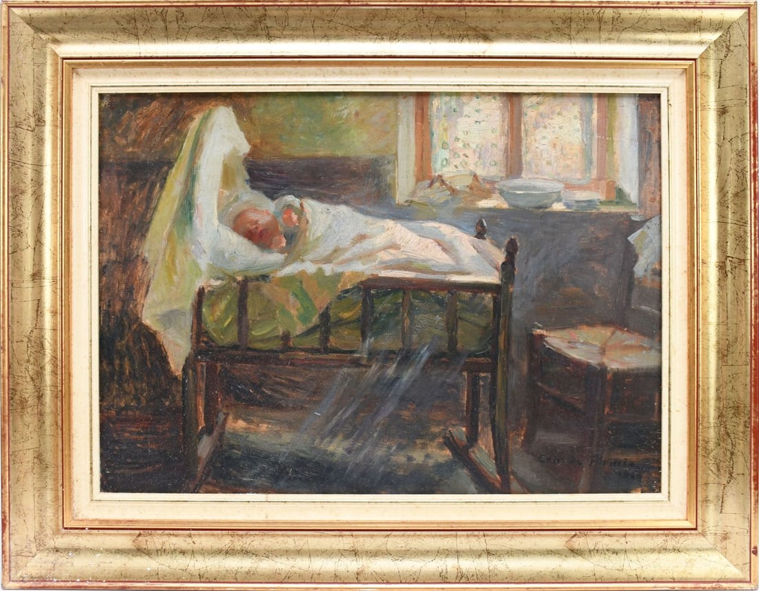 Claude Firmin (FRENCH, 1864–1944) oil on mahogany panel, interior with a baby sleeping, signed and: Claude Firmin (FRENCH, 1864–1944) oil on mahogany panel, interior with a baby sleeping, signed and dated lower right 1944, painting is 17 1/2 x 24“ overall framed size is 25“ x 31 1/2 inches.