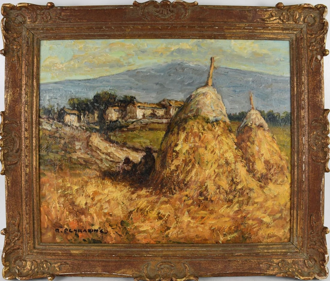 Rémy Peyranne (French b. 1910) Haystacks, oil on canvas 20 x 24 inches. overall frame size 26 x 30 (1 of 6)