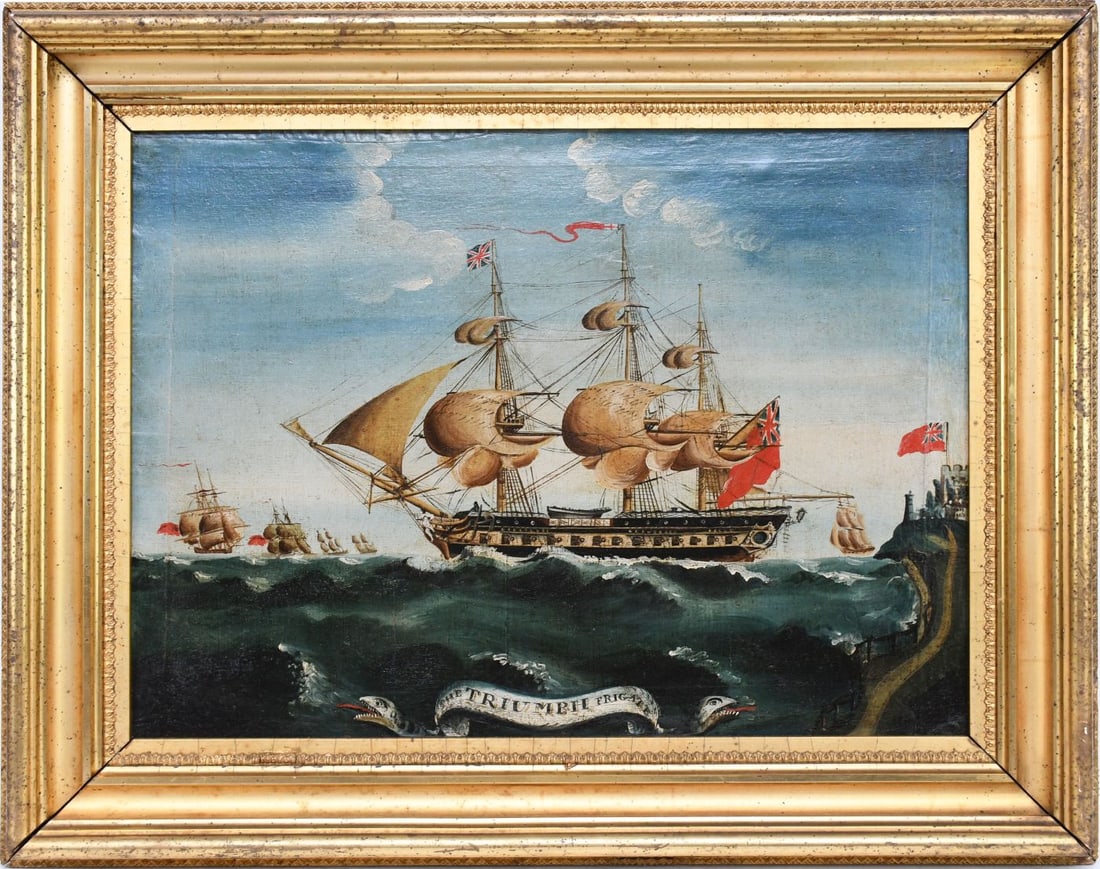 18th/19th Century Maritime Folk Art oil painting with Battle Ship, Titled The Triumph Frigate, 24 x: 18th/19th Century Maritime Folk Art oil painting with Battle Ship, Titled The Triumph Frigate, 24 x 18 inches. Overall framed size 24 x 30 inches.