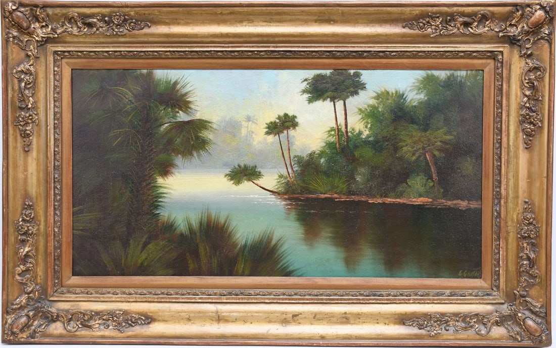 Beautiful Antique Florida painting Signed G. Griffith, backwater scene with palm trees, 18 x 33 (1 of 5)
