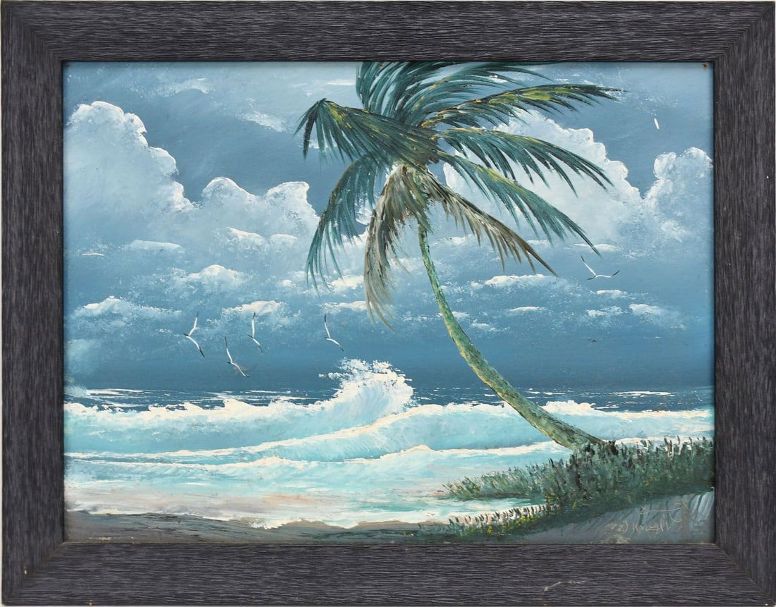 Isaac Knight (b.1941) Florida Highwaymen Painting oil on Masonite, Backwater Scene with Palm Tree's. (1 of 6)