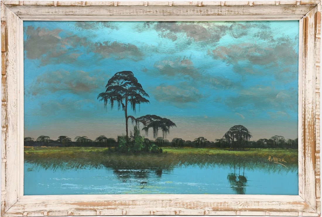 ALFRED HAIR HIGHWAYMEN PAINTING - Al Hair (1941-1970) Florida Highwaymen painting of a moonlit St. (1 of 9)