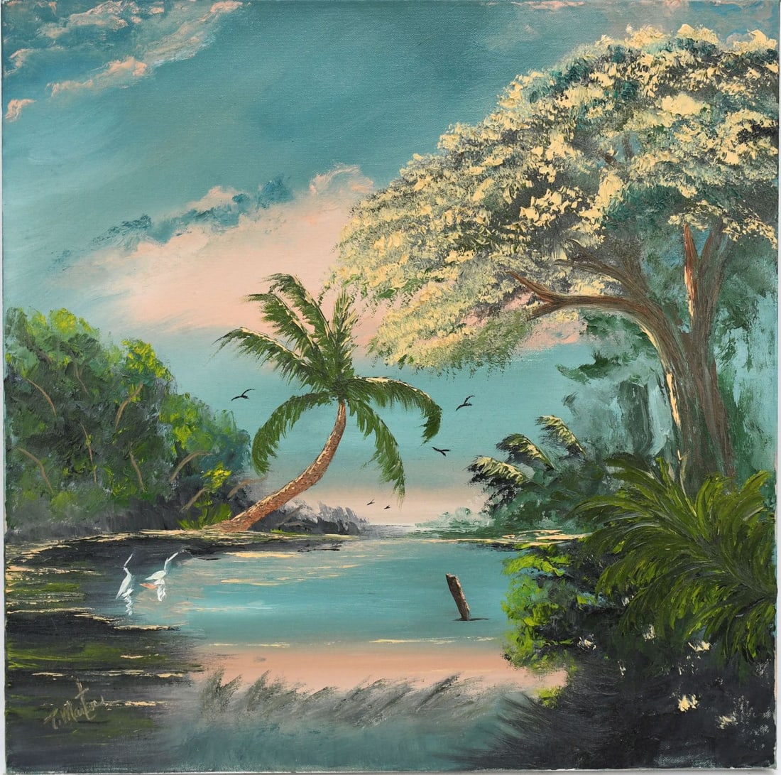 Florida artist Todd Martin oil Masonite oil on canvas Florida Cove sign lower left, 24 x 24 inches.: Florida artist Todd Martin oil Masonite oil on canvas Florida Cove sign lower left, 24 x 24 inches. Signed front and on reverse.
