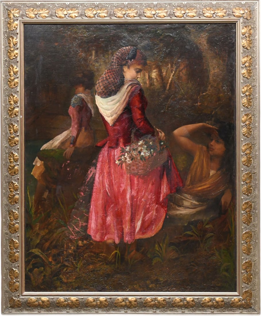 19th Century Continental School girls picking flowers. 45 x 36 inches, overall with frame 54 x 44: 19th Century Continental School girls picking flowers. 45 x 36 inches, overall with frame 54 x 44 inches.