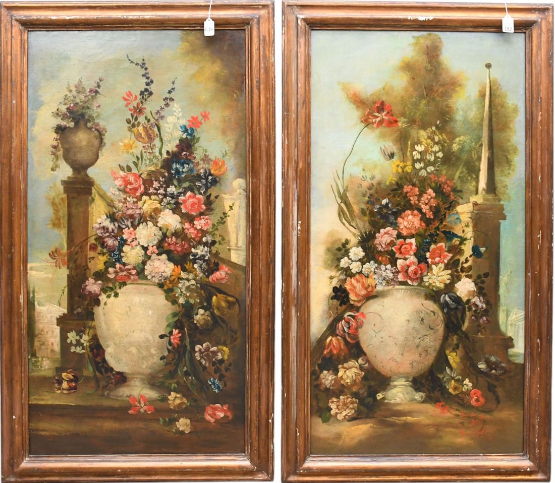 19th Century Continental School Still Life, oil on canvas paintings. Floral Bouquet in Vases.: 19th Century Continental School Still Life, oil on canvas paintings. Floral Bouquet in Vases. Painting size 43-1/2 x 22-1/2 inches. Overall framed size 49 x 28 inches