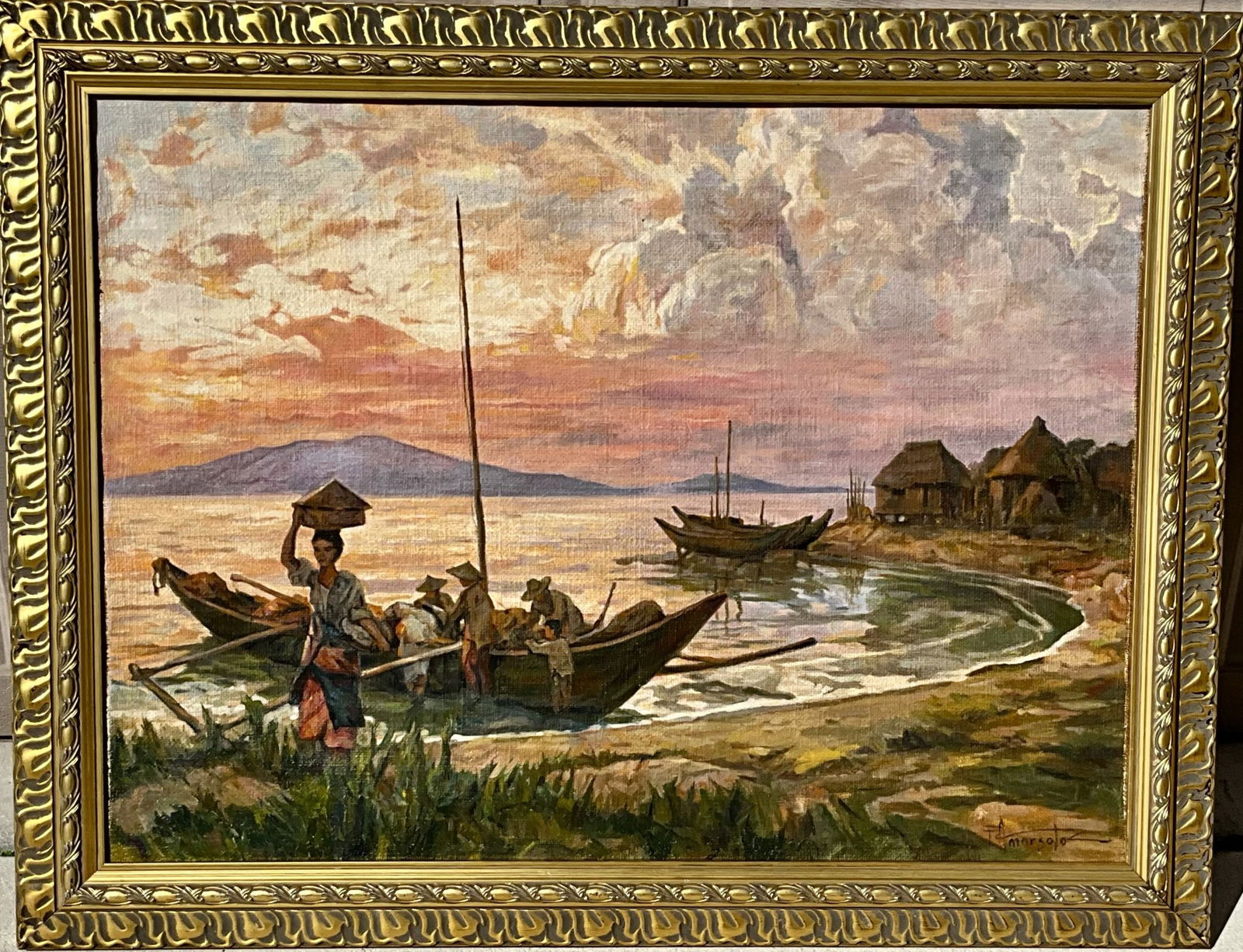 Philippines Painting attributed to Amorsolo, seascape fishing boats and (1 of 8)