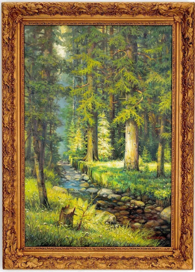 Attributed to: Ivan Shishkin, oil on canvas, Forest with stream . canvas size 36 x 24 inches.: Attributed to: Ivan Shishkin, oil on canvas, Forest with stream . canvas size 36 x 24 inches. overall frame size 42 x 30 inches