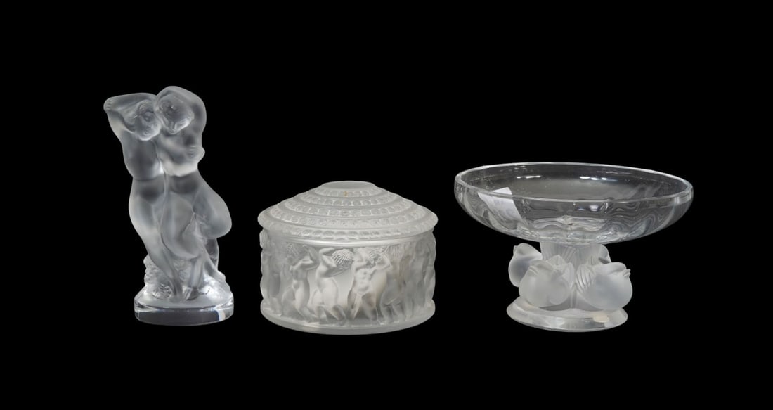 3 Lalique Crystal Pieces, Enfants Dresser Jar (2 1/2"h x 5"dia), Nogent Compote with 4 Sparrow Birds (1 of 6)