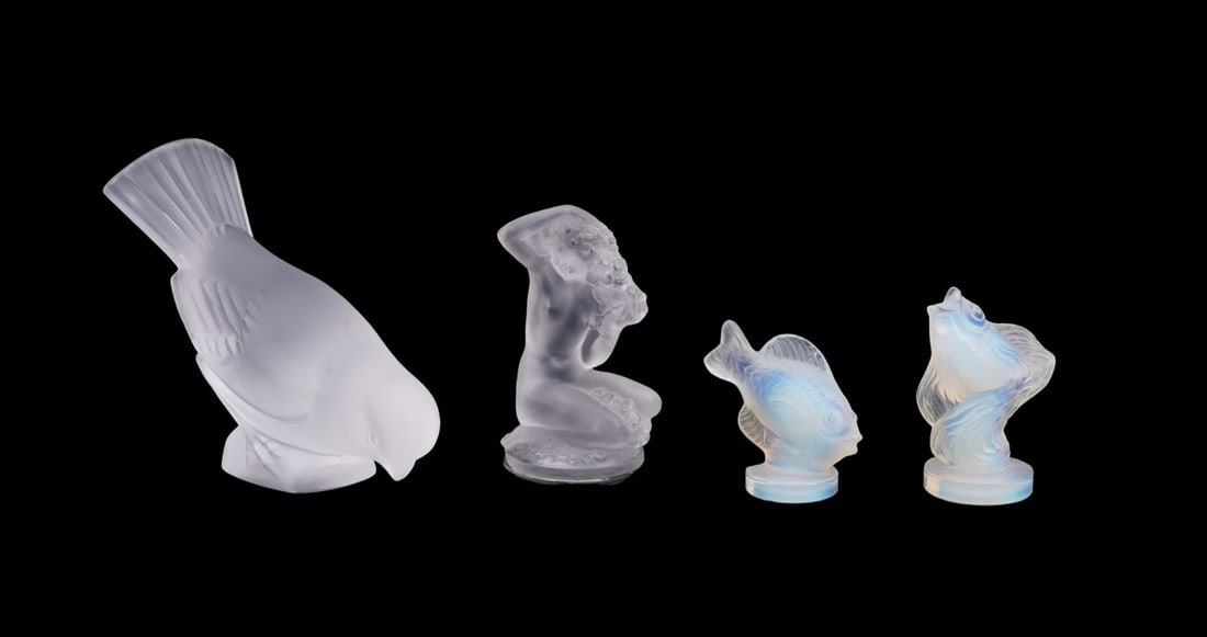 2 Opalescent Sabino Paris Fish Sculptures (2"h) (one chip at base), Lalique Crystal Bird (3 1/2"h x (1 of 9)