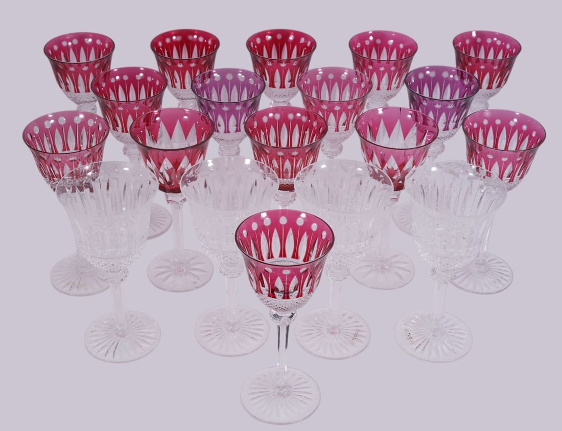 19 St. Louis Crystal "Tommy" Wine Glasses, 13 Red Cut to Clear, 2 Purple Cut to Clear & 4 Clear, 7 (1 of 7)