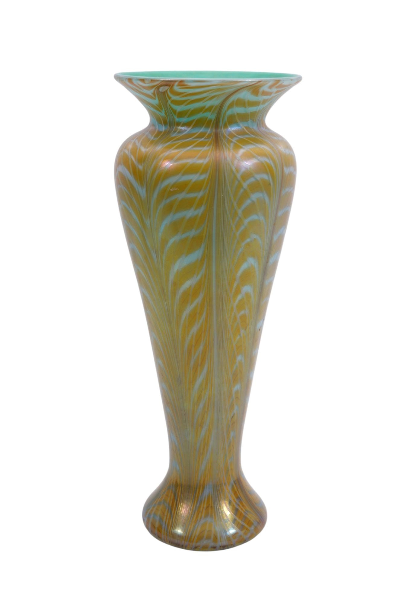 Iridescent Art Glass Vase, Pulled Feather Design, Gold with Green, Illegibly Signed Possibly (1 of 6)