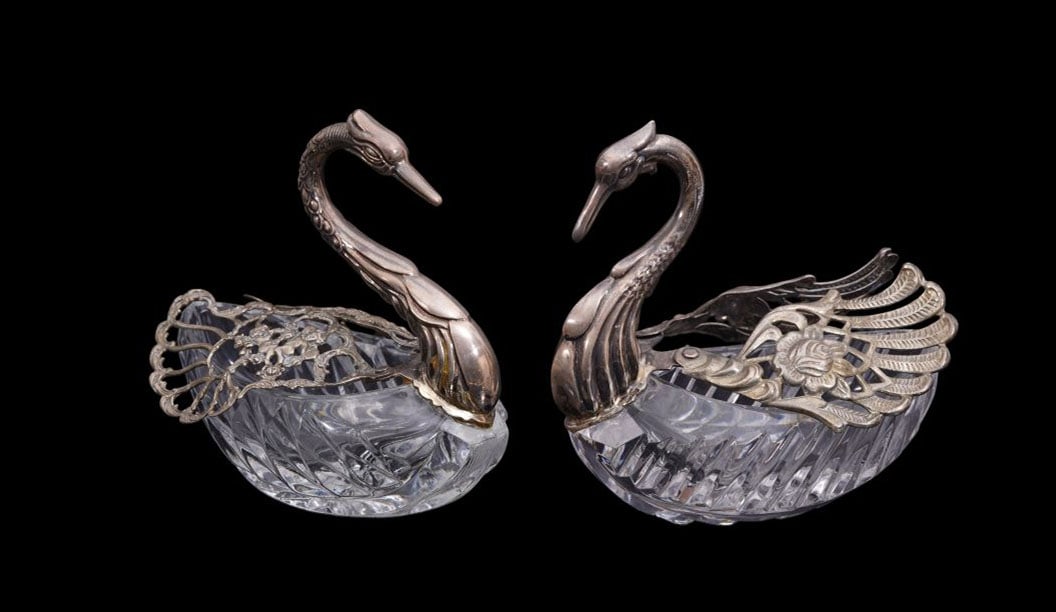 2 Swan Form Master Salts, Sterling & Glass, Moveable Wings, 5 1/2"h x 6"L (one repaired) (1 of 9)