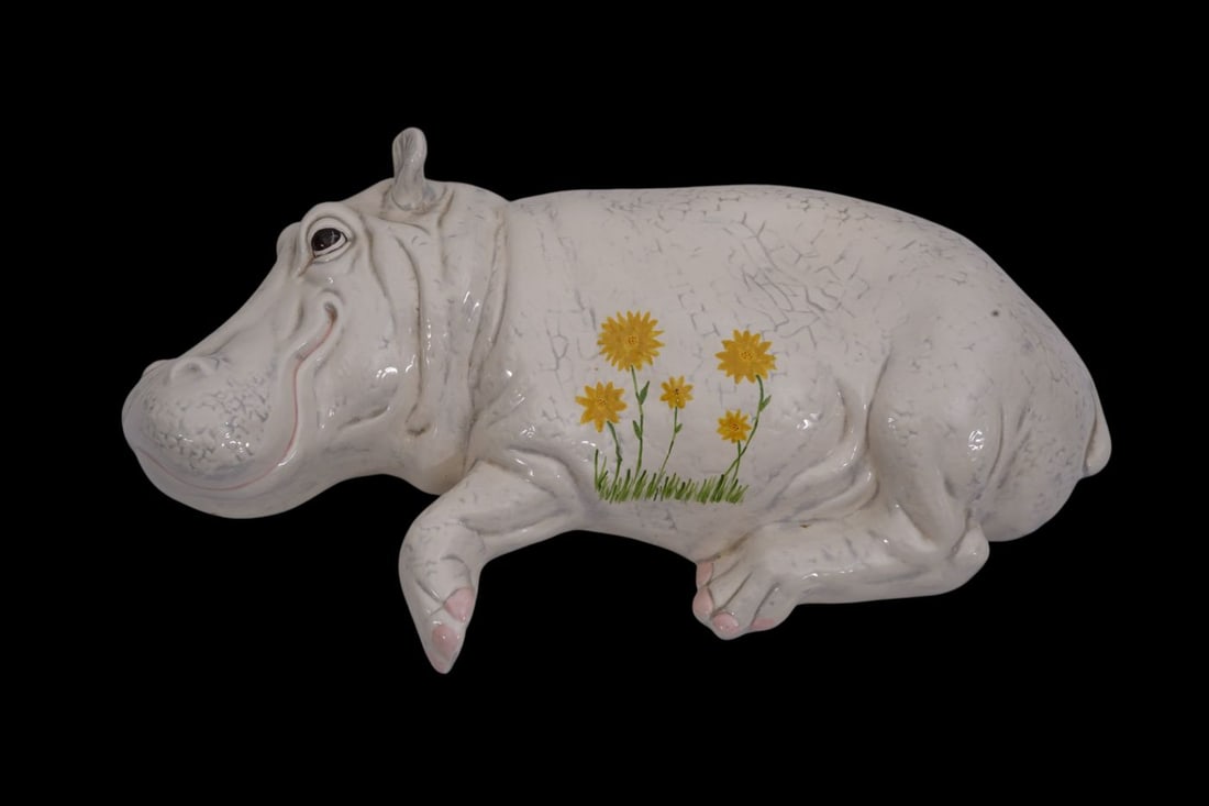 Italian Ceramic Reclining Hippo, Label Reads Whits End, 5"h x 19"w x 11"d (1 of 7)