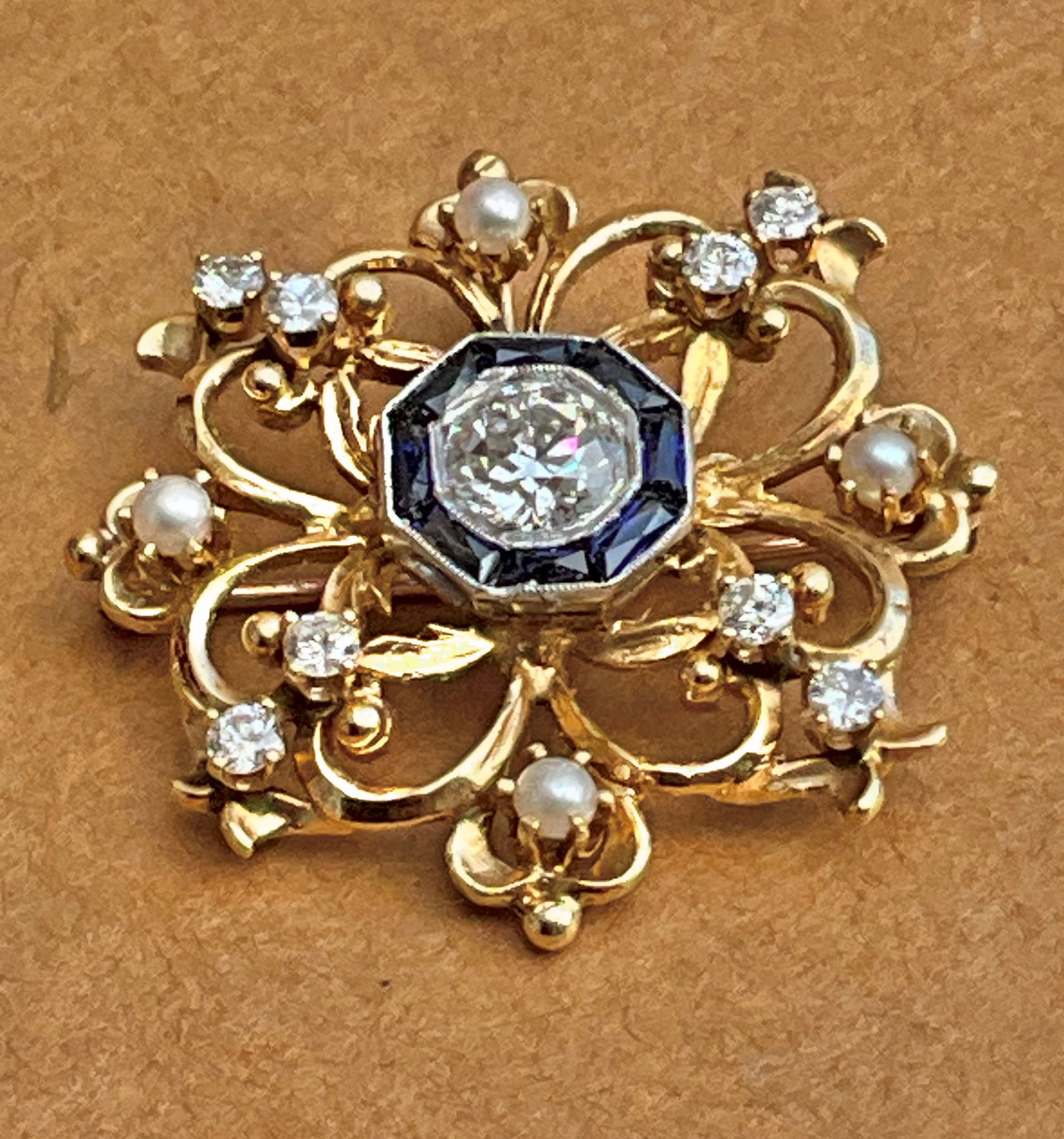 Russian Antique Faberge stye 14kt gold 1.05ct. diamond brooch / (1 of 8)
