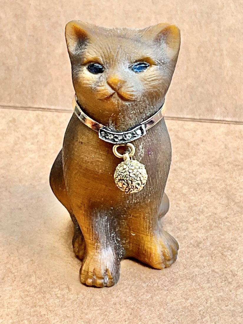 Russian Faberge style Hand Carved Tiger Eye Cat. Carved tiger eye stone with 14kt. gold collar and (1 of 9)