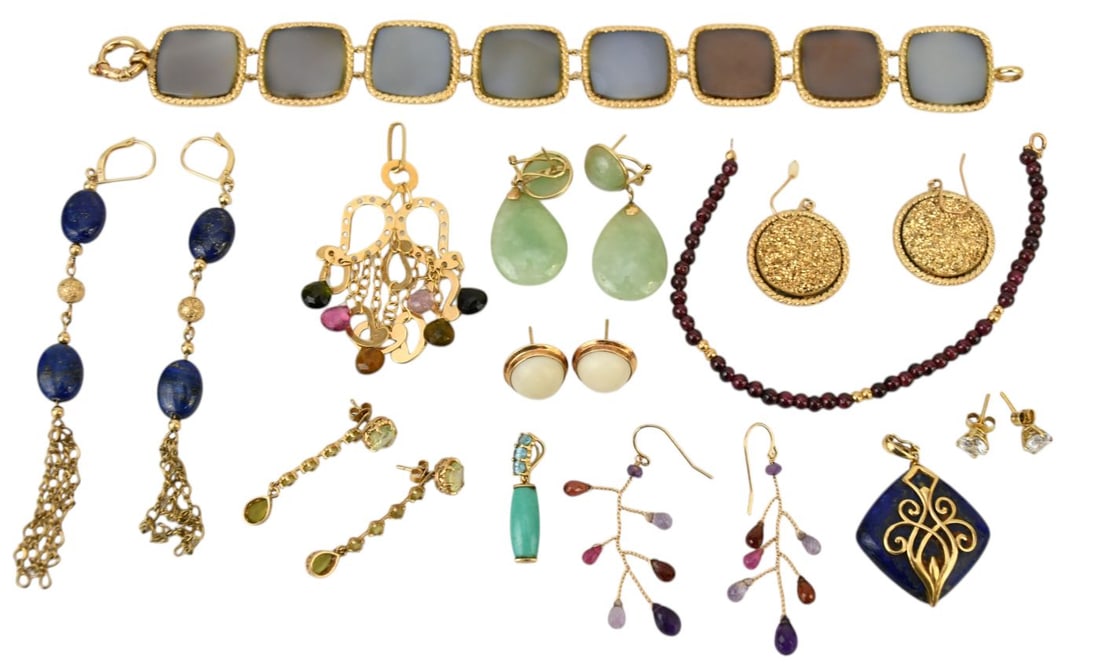 14K Yellow Gold Jewelry Lot. 2 Bracelets 7" & 8.5". 7 pairs of earrings, studs are cz, 3 Pendants. (1 of 6)