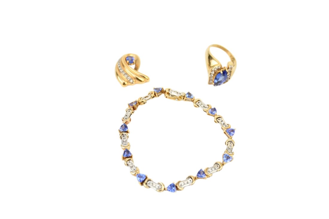 14K Yellow Gold Blue Tanzanite with Diamond Accents Bracelet, Ring & Pendant. Bracelet 7.5" Ring (1 of 9)