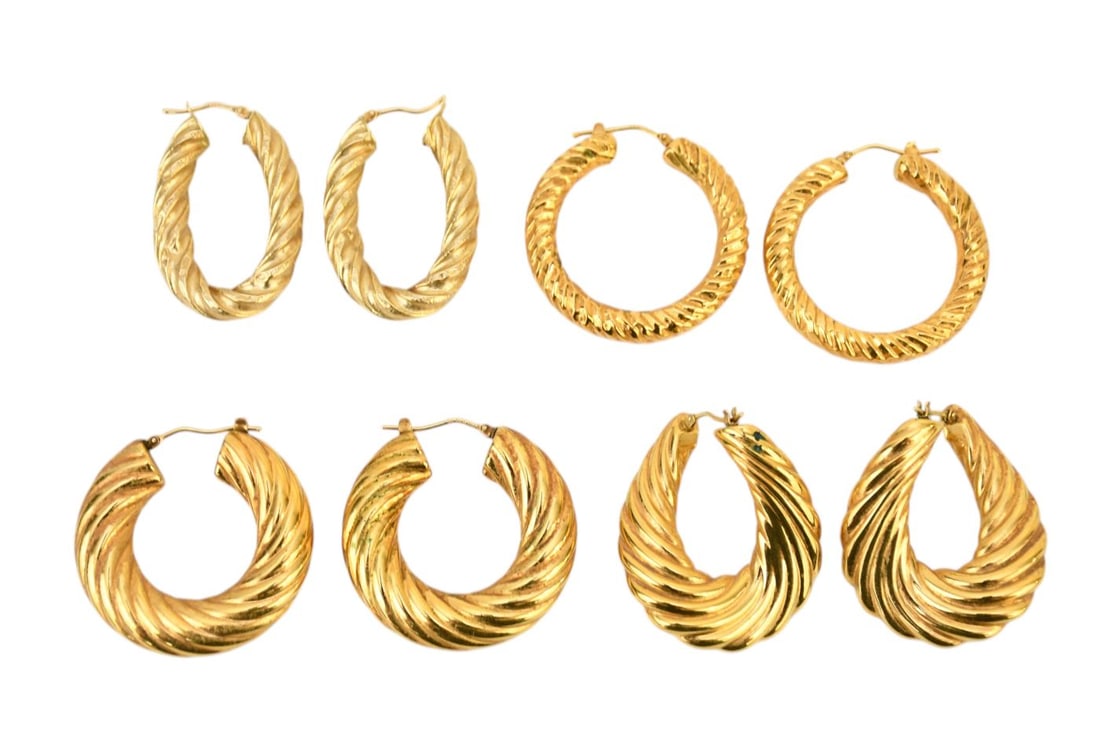 4 - Pairs 14K Yellow Gold Sculpted Cable Hoop Earrings. Milor Italy Wt. 33.9 grams, 1.5" each: 4 - Pairs 14K Yellow Gold Sculpted Cable Hoop Earrings. Milor Italy Wt. 33.9 grams, 1.5" each