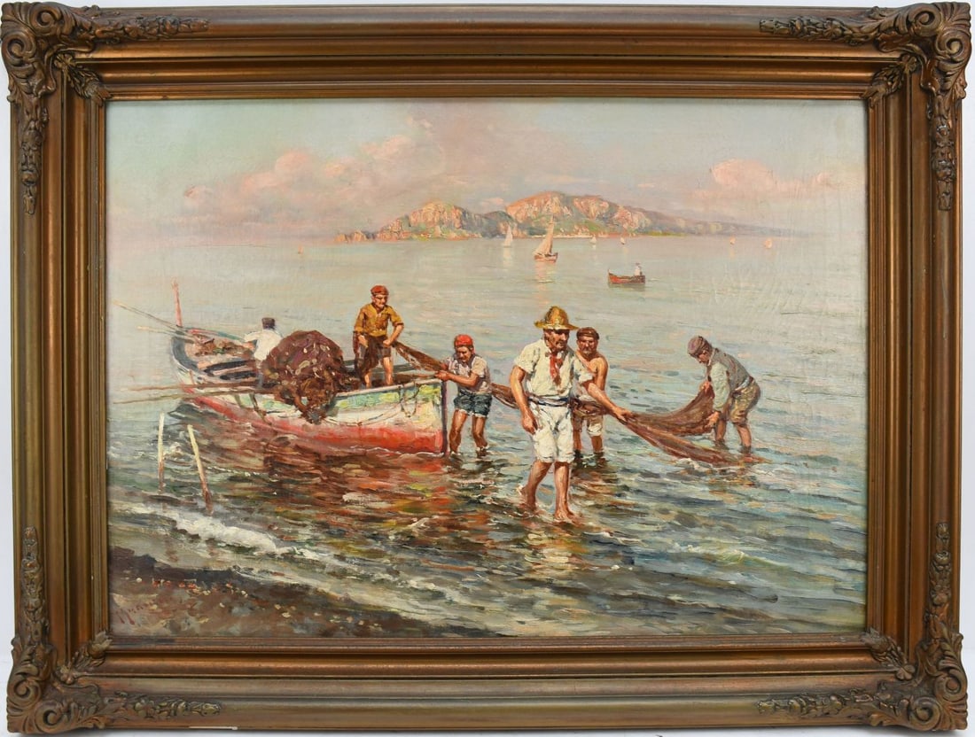 GIUSEPPE GIARDIELLO (Italia 1870-1920) Oil on canvas, depicting fishermen bringing in the nets with (1 of 5)