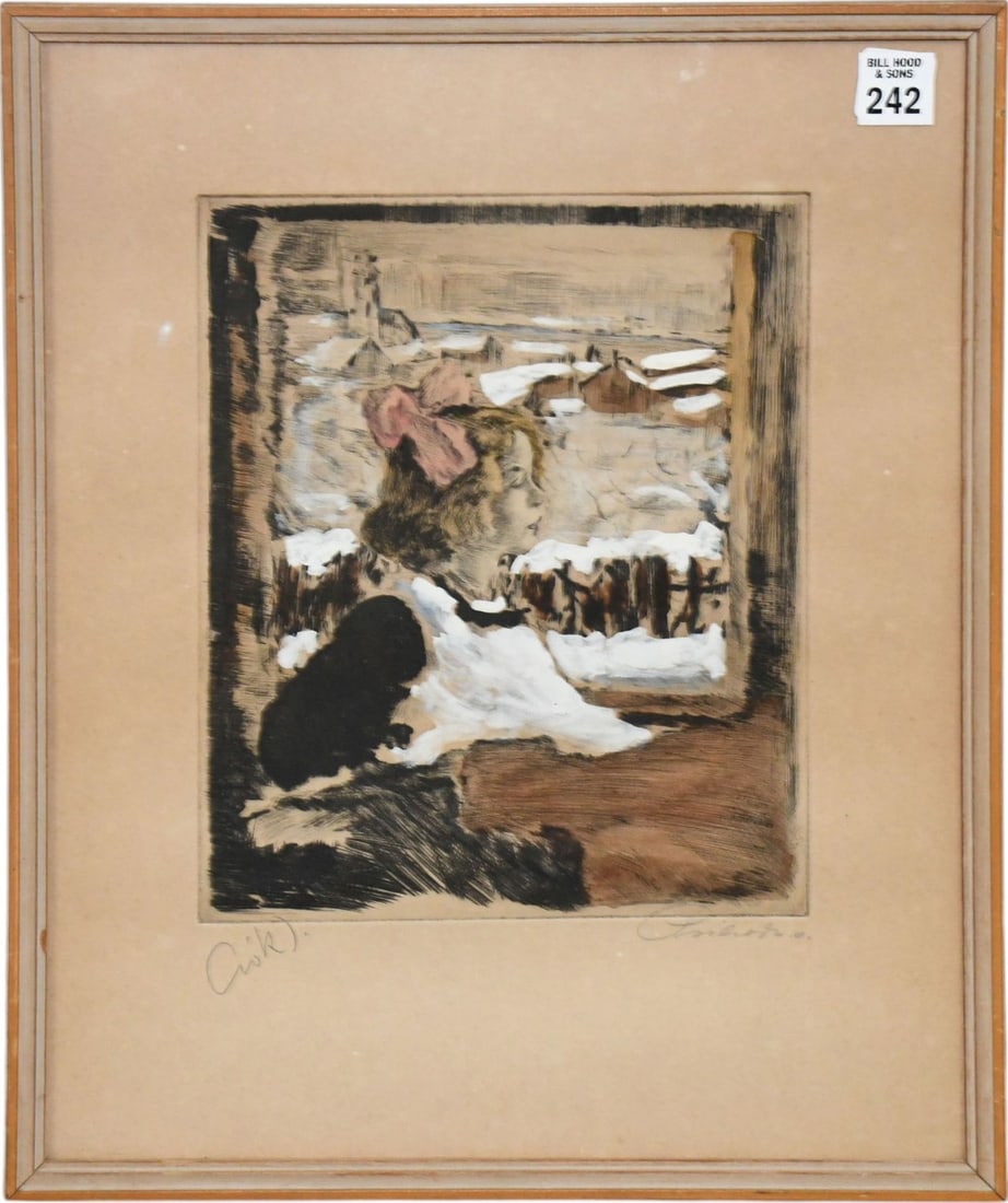 ISTVAN CSOK (Hungarian 1865-1964) Mixed media on paper, Etching w/ gouache & watercolors. Depicting: ISTVAN CSOK (Hungarian 1865-1964) Mixed media on paper, Etching w/ gouache & watercolors. Depicting a young girl wearing a white and black dress with pink hair bow, looking out window. Signed lower ri