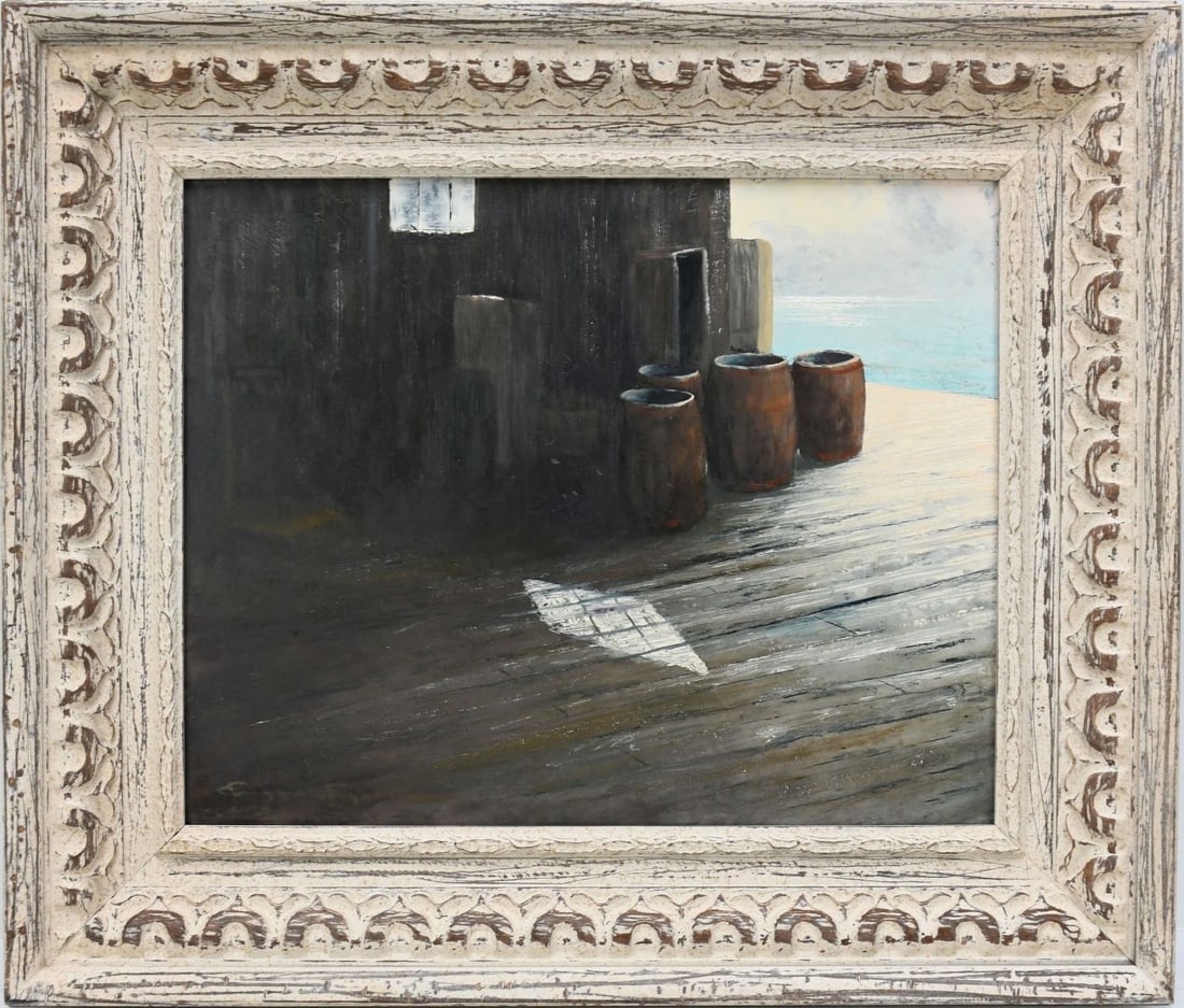 Eugene Sparks (American b. 1940) oil on Masonite board, Wharf side dock w/ barrels. 16 x 20 inches. (1 of 5)