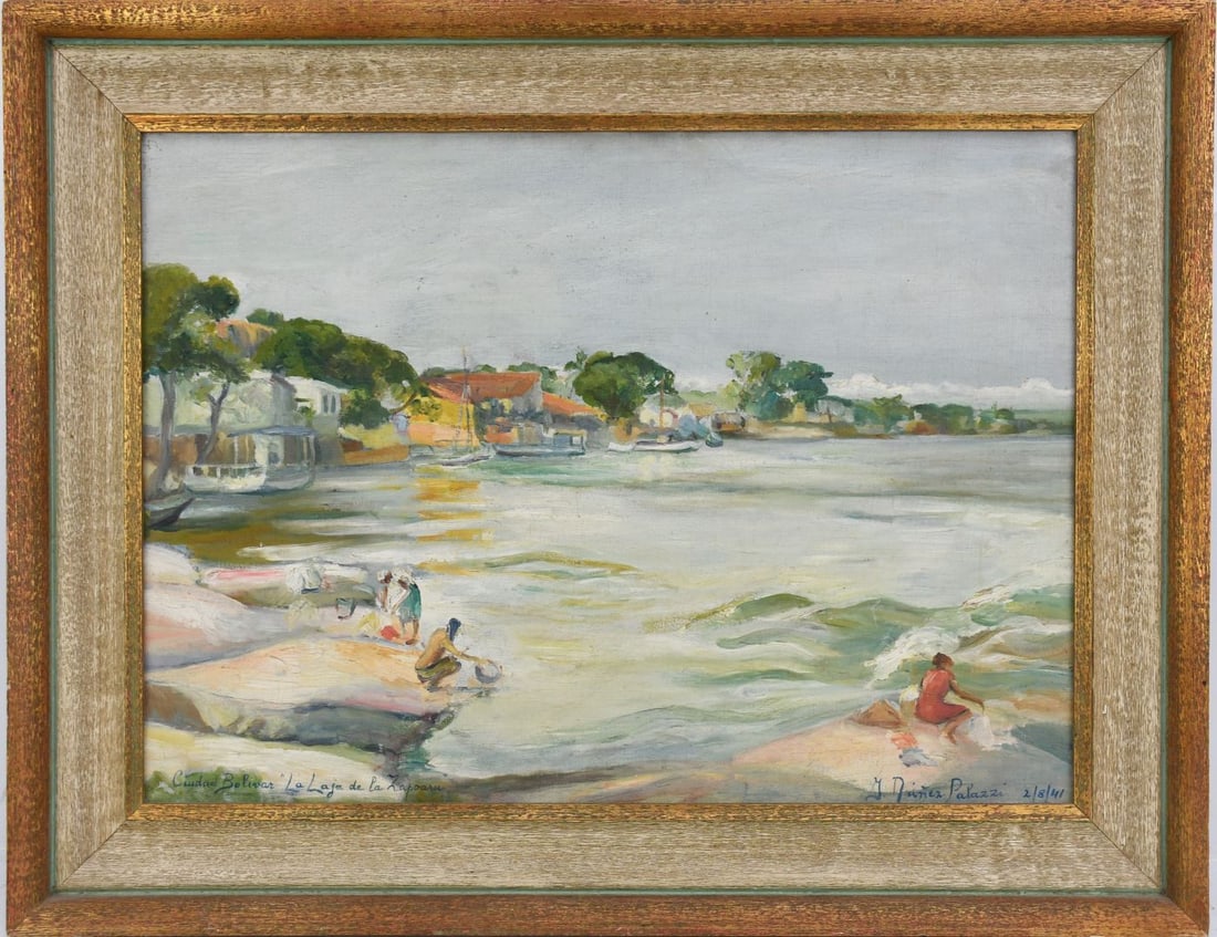 G. Nuñez Palazzi, Italian School dated ’41. Washing down by the river signed and dated lower: G. Nuñez Palazzi, Italian School dated ’41. Washing down by the river signed and dated lower right 2/8/41. overall frame size 22 x 28“ painting approximately 17 x 23“