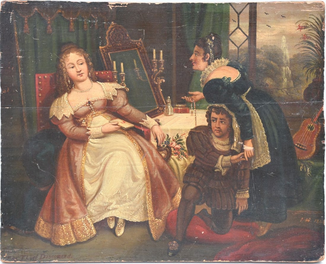 19th Century Continental School, Oil on panel, Interior Romantic sceene featuring people in ornate: 19th Century Continental School, Oil on panel, Interior Romantic sceene featuring people in ornate historic clothing. 10-1/2 x 13 inches.