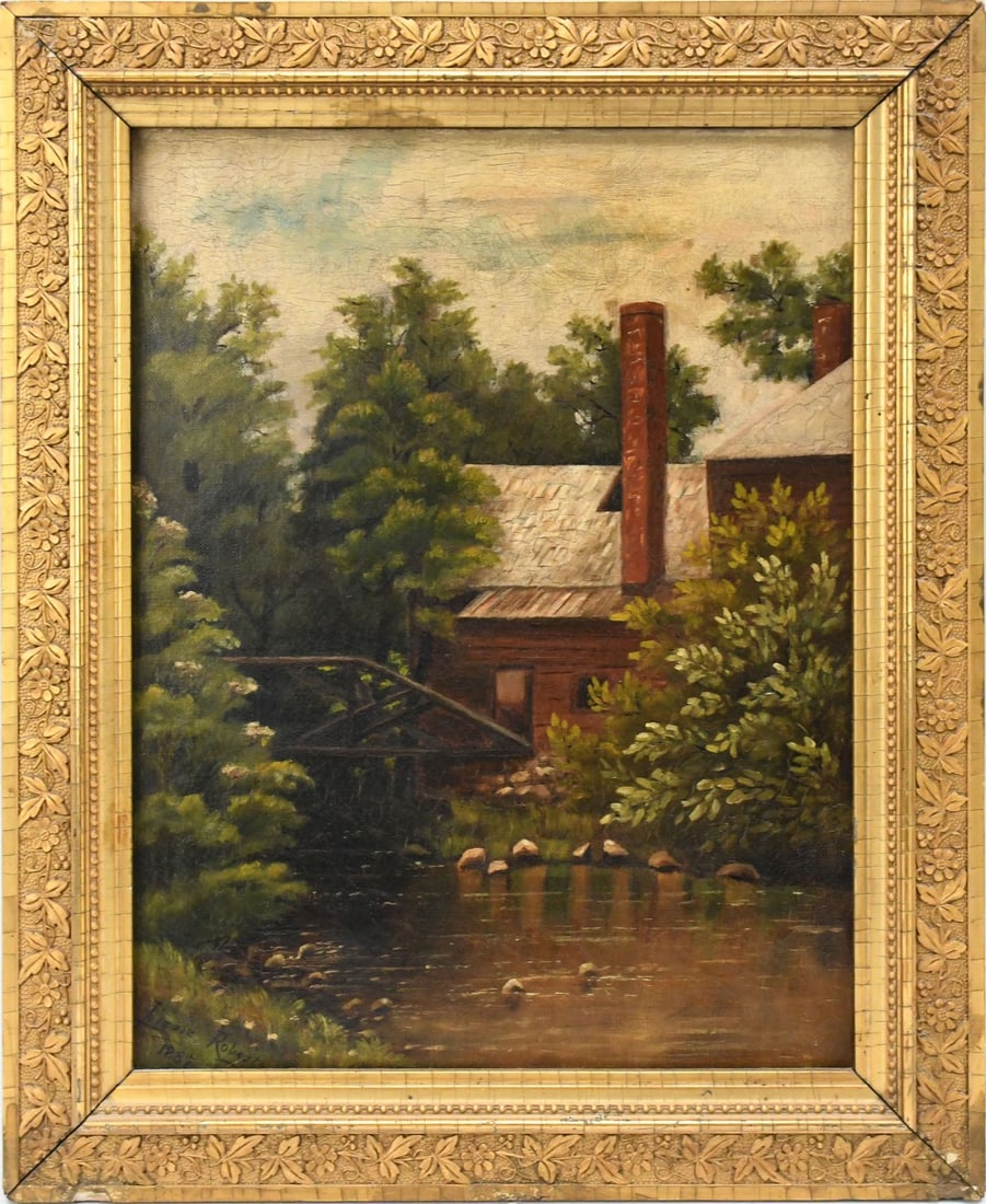 19th Century American school, oil on canvas, landscape cottage by the water, 16 x 12 inches, overall (1 of 7)