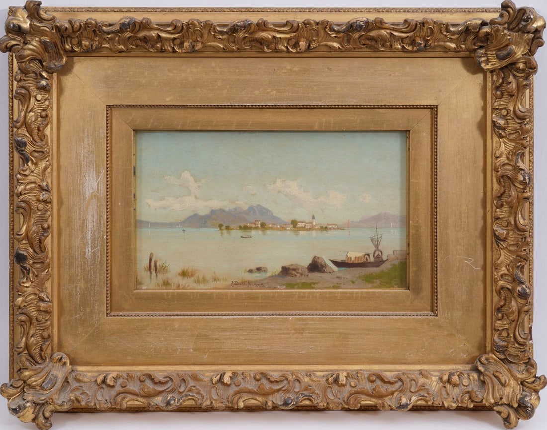 19 Century Small Mountain Lake Scene, oil on cardboard signed illegibly, approximately 6 x 10 (1 of 6)