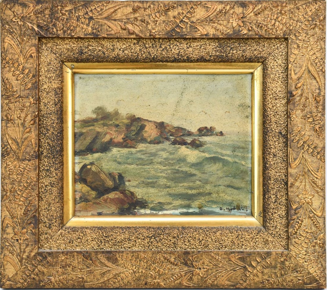 Antique painting small Seascape, oil on cardboard, Rocky Shoreline. approximately 8 x 10 inches in (1 of 4)