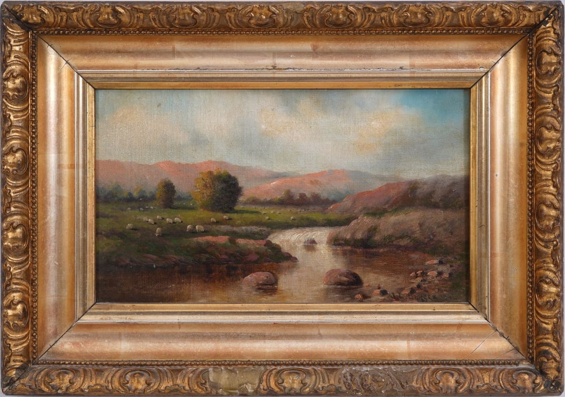 BURGES- Small framed 19th Century Landscape River Mountain Scene with grazing sheep at sunset, (1 of 6)
