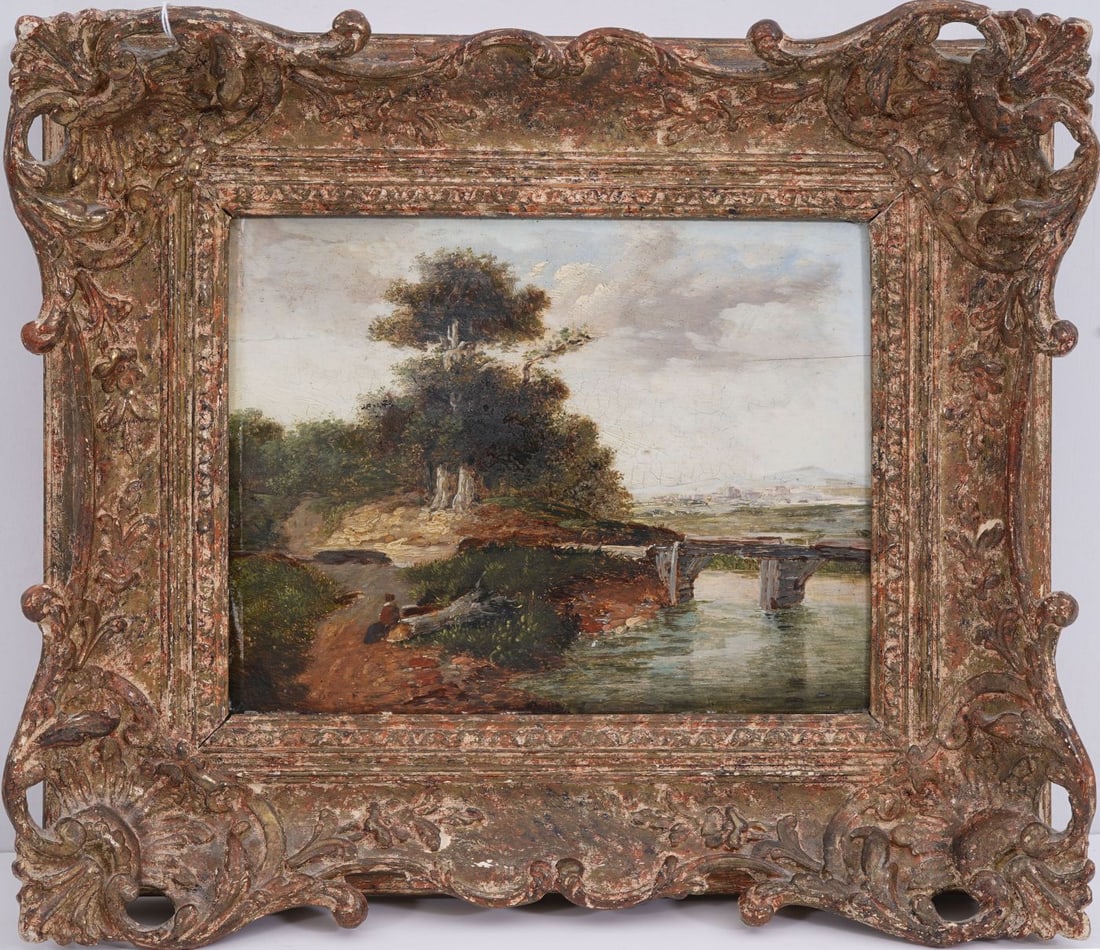 19th century English school, oil on mahogany panel, no visible signature. Landscape figure on a (1 of 6)
