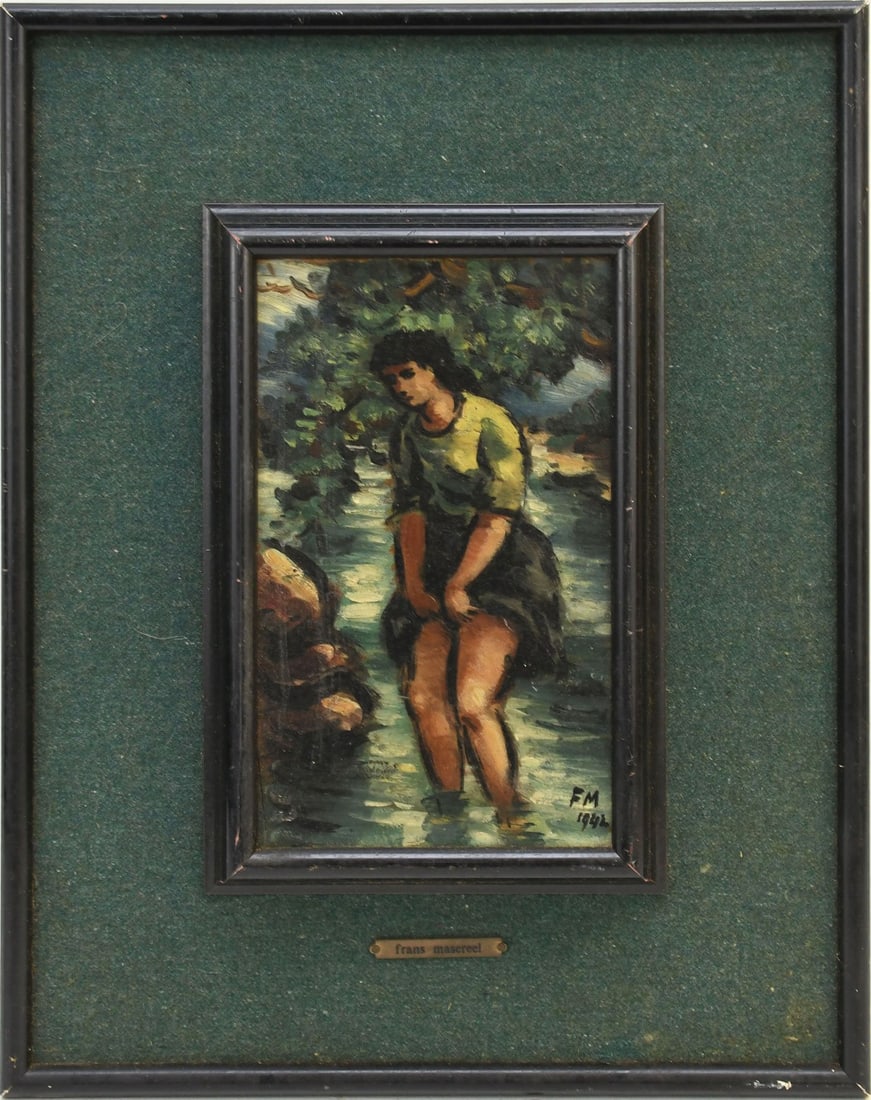 Frans Masereel (BELGIAN, 1889–1972) oil on board, wading in a river-1946. 10 x 6 1/2 overall frame (1 of 7)