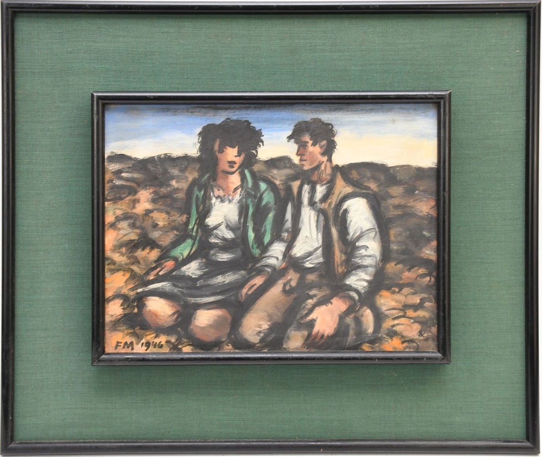 Frans Masereel (BELGIAN, 1889–1972) Watercolor on paper, couple kneeling in conversation, 13-3/4: Frans Masereel (BELGIAN, 1889–1972) Watercolor on paper, couple kneeling in conversation, 13-3/4 inches x 10 1/2 inches. overall frame size 18 x 21 inches, signed FM 1946.