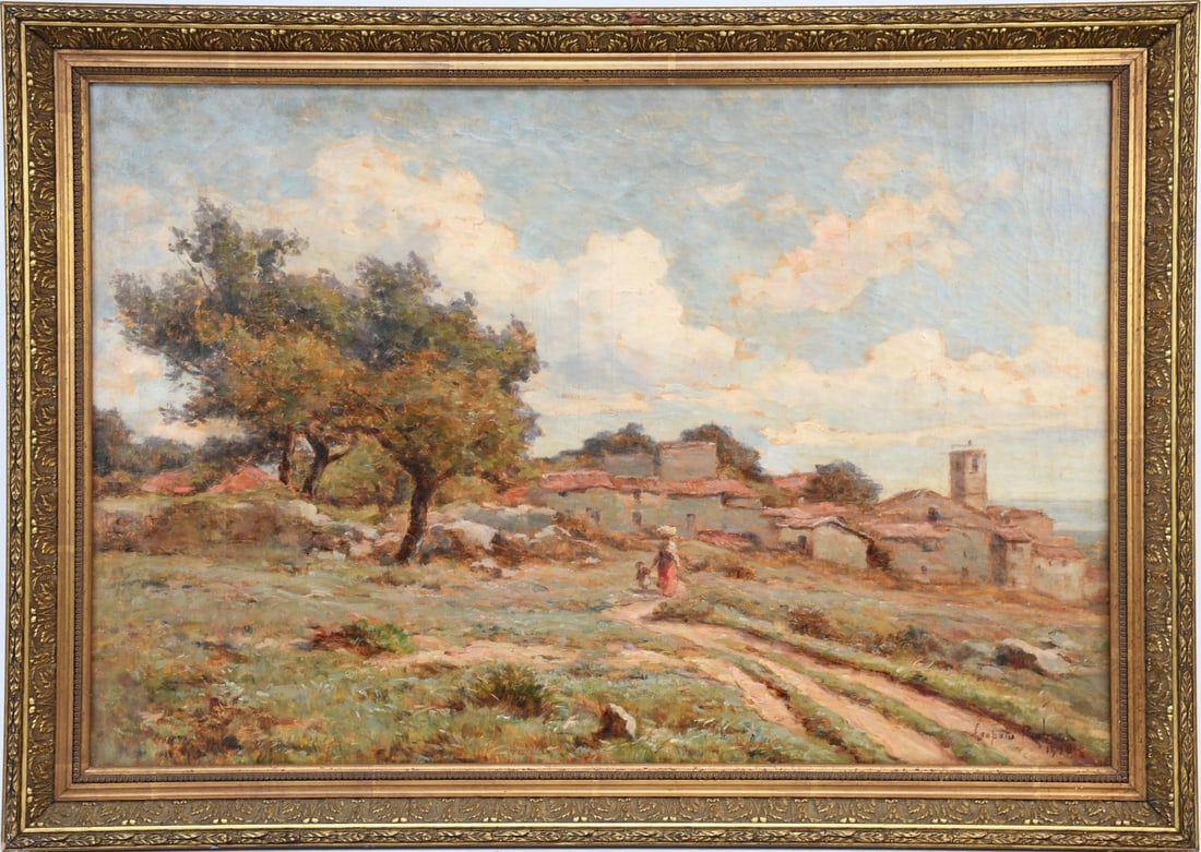 Leopold Rubeck, Switzerland 20th Century, Village scene - figures on a path, oil on canvas 19-3/4 x (1 of 6)