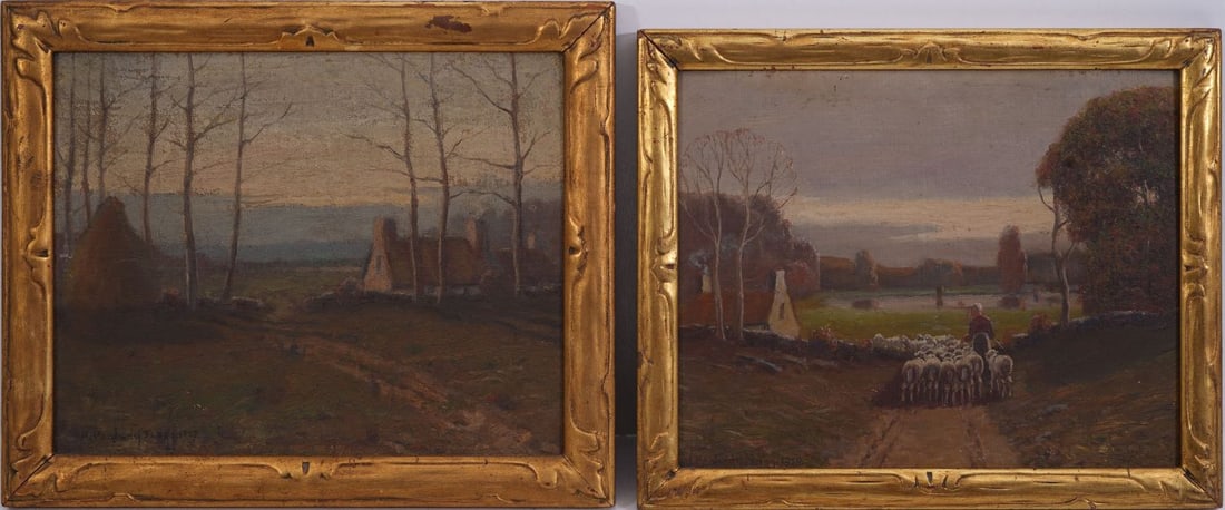 Hiram Peabody Flagg (American 1859-1937) Pair antique oil on boards oil on board Paintings, (1 of 6)